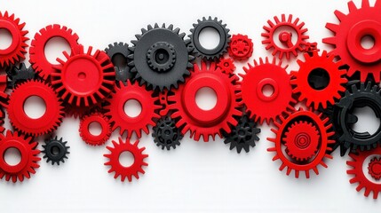 Poster - A vibrant arrangement of red and black gears on a white background, showcasing mechanical design