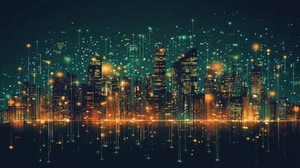 Wall Mural - A vibrant digital skyline illuminated by glowing lights against a dark backdrop, creating a futuristic urban atmosphere with dynamic patterns and colors.