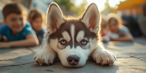 Cute husky puppy resting on the ground with children playing in the background during a sunny day at a park