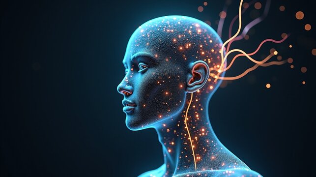 3D Rendering of human biology fusing with machine intelligence, biomechanical structures forming an organic AI entity, glowing pathways shaping a digital consciousness.