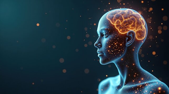 3D Rendering of human biology fusing with machine intelligence, biomechanical structures forming an organic AI entity, glowing pathways shaping a digital consciousness.