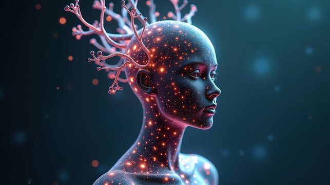 3D Rendering of human biology fusing with machine intelligence, biomechanical structures forming an organic AI entity, glowing pathways shaping a digital consciousness.