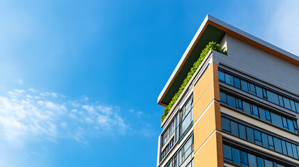 Wall Mural - A tall building with a green roof and a blue sky in the background The building has a modern design and he is a residential building