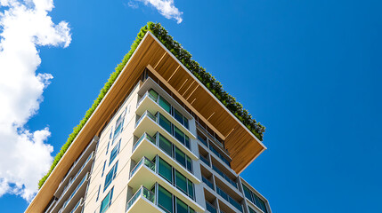 Wall Mural - A tall building with a green roof and a blue sky in the background The building has a modern design and he is a residential building