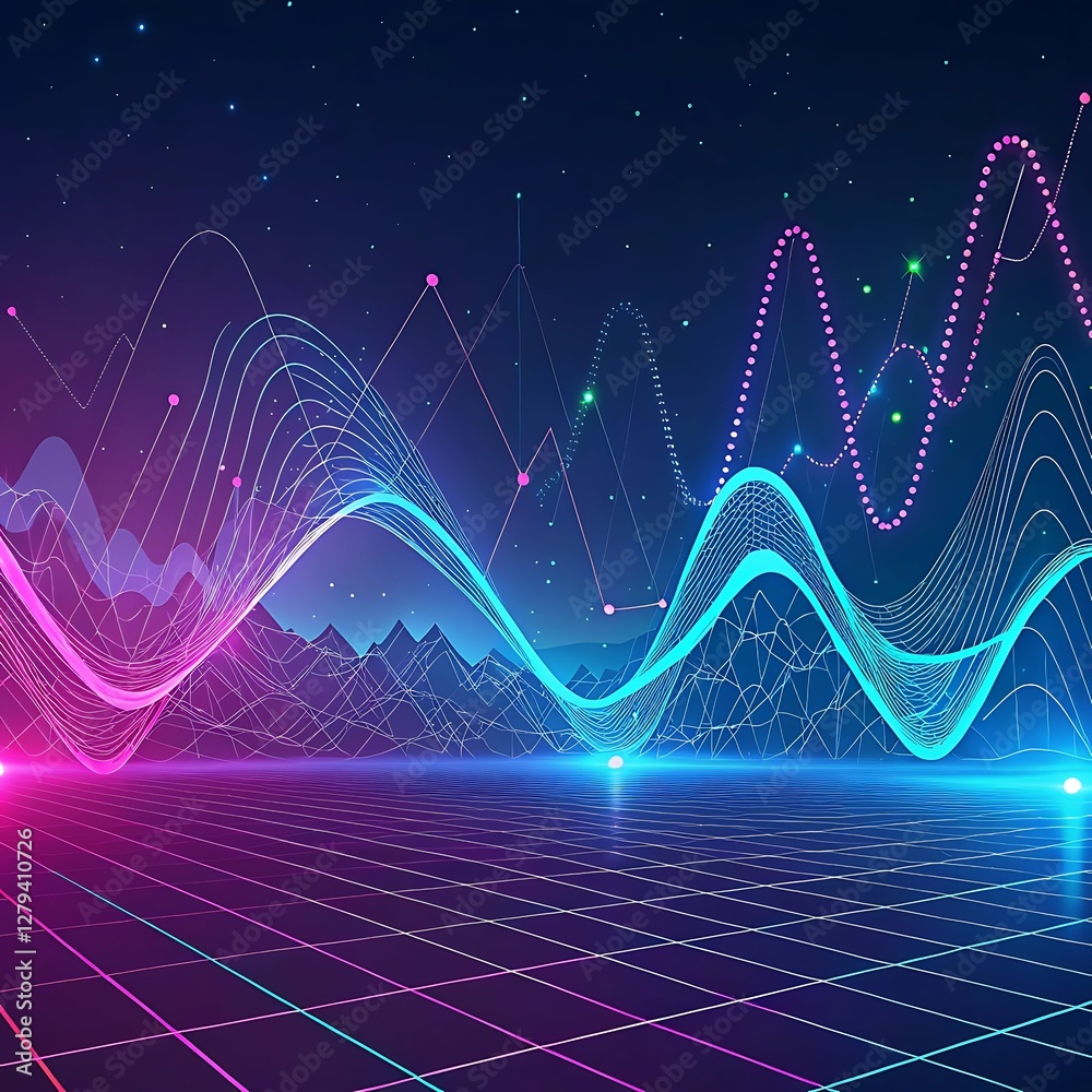Data waves. Modern neon abstract backdrop. Virtual ciberspace.