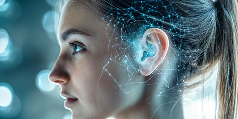 Aufkleber - A futuristic profile of a young woman with an ear design that connects to a network of glowing lines and points. This digital art captures technology and beauty beautifully. AI.