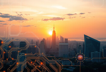 Poster - city skyline at sunset, sunset over city, 32k image