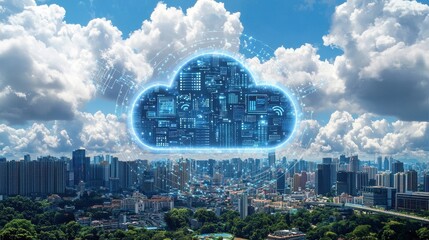 Wall Mural - A digital cloud symbol looms over a bustling city skyline, representing data storage and technology in a modern urban environment.