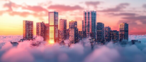 Wall Mural - A vibrant cityscape emerges from the clouds at sunset, showcasing gleaming skyscrapers against a dramatic sky filled with pastel colors.