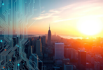Poster - city skyline at sunset, sunset over city, 32k image