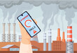 © ssstocker - Air pollution measurement. PM2. 5 alert dust meter in smartphone mobile app, hand holding phone with warning notification dirty city polluted environment, neat vector illustration