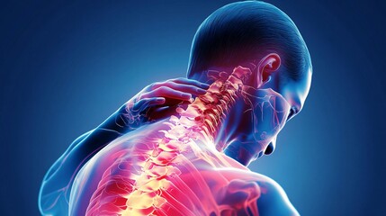 Man suffering from neck pain touching back of neck