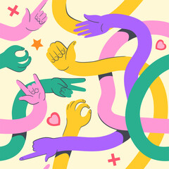 flexible hands pattern. cartoon long elastic hand different gestures thumbs up like finger point abs