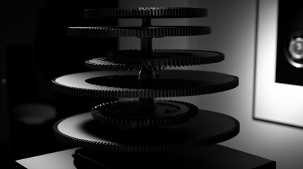 Poster - abstract black and white image of interlocking gears on display in a modern art setting