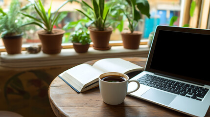 Wall Mural - cozy workspace with a cup of coffee on a rustic wooden table accompanied by an open book and a laptop The background is filled with potted plants on a window ledge creating a serene productive