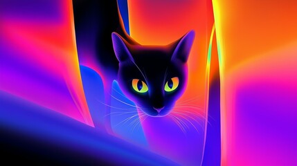 Wall Mural - vibrant neon cat with glowing eyes in abstract colorful lighting