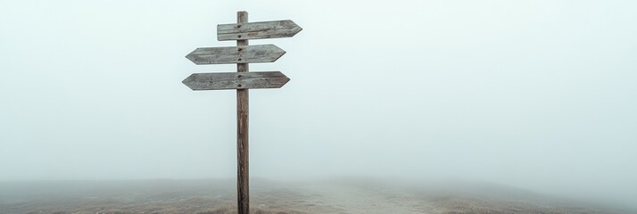 Poster - Wooden signpost with four blank arrows pointing in different directions on a foggy day, creating a mysterious and uncertain atmosphere, symbolizing difficult choices and the fear of better options