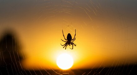 Spider's silhouette in its web against the backdrop of a brilliant sunset