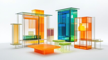 Poster - Colorful modern furniture display in a bright studio showcasing innovative design elements
