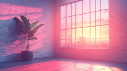 Poster - Serene Indoor Scene with Plant and Sunset in Modern Loft Space