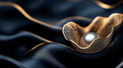 Poster - Elegant golden metallic wave form with pearl on dark background, flowing abstract design with textured surface and dramatic lighting for luxury branding.