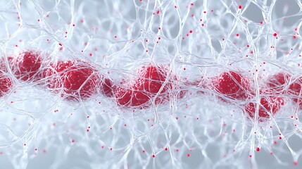 Poster - Microscopic view of neural network connections with red synapses and white nerve cells showing brain activity and neurotransmitter communication in nervous system.