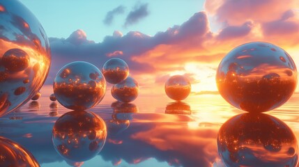 Poster - A surreal landscape made of floating, glossy spheres