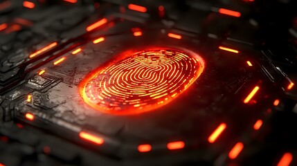 Poster - Glowing red fingerprint scanner on dark circuit board with futuristic lighting effects, representing digital security and biometric authentication technology.