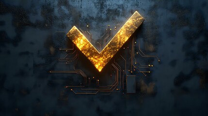 Poster - Glowing golden checkmark symbol with circuit board pattern on dark background, illuminated with particles and digital connections for technology approval concept.