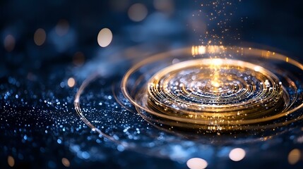 Poster - Magical golden ripples on dark water surface with glowing sparkles and bokeh lights creating mesmerizing spiral pattern in night atmosphere.
