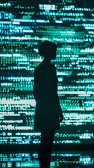 Poster - Female silhouette against glowing turquoise digital background with binary code pattern, representing technology and artificial intelligence concepts.