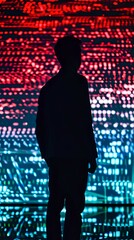 Poster - Silhouette of person against glowing red and blue digital background with bokeh light effects, creating dramatic contrast between dark figure and luminous display.