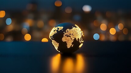 Poster - Glowing golden world map sphere floating over reflective surface against blurred city lights background creates magical evening atmosphere.