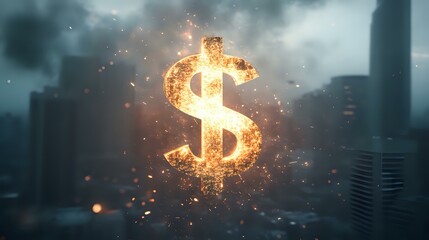 Poster - Glowing dollar sign formed by magical light particles floating against dark cityscape background with sparkling effects and energy streams.