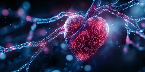 Poster - Glowing red heart-shaped neuron with synaptic connections on dark background with bokeh lights, depicting love and brain connection concept in medical science.