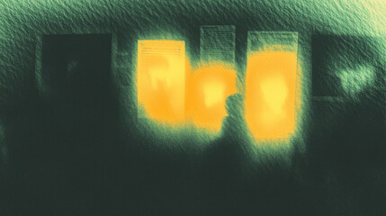 Poster - Silhouette of figures illuminated by warm yellow light in dark abstract setting
