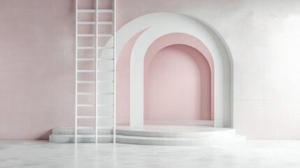 Poster - Modern minimalist interior with white arches and ladder against a soft pink background