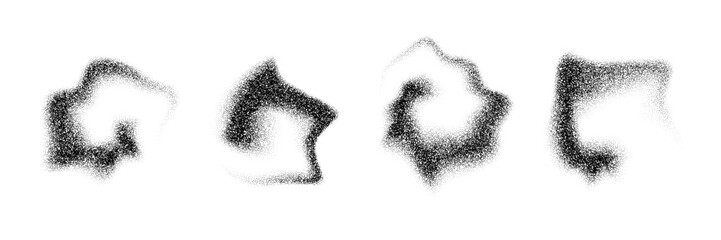 Poster - Dotted gradient smoky shapes. Grainy fluid spots and stains. Black stippled flowing dust set. Noise splashes and splatters forms. Dissolve sand particles texture. Vector fading halfton elements