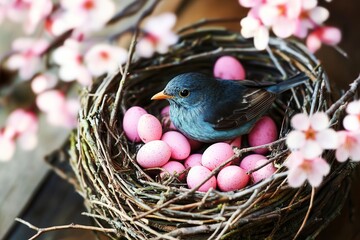 A bird rests in a cozy nest, guarding its eggs, symbolizing nurturing and the cycle of life in nature.