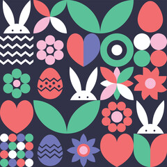 Wall Mural - easter background in geometric style. mosaic with bunny, egg and flower. abstract design. vector ill