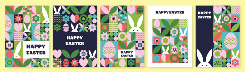 Wall Mural - set of geometric easter greeting card. abstract background with bunny, egg and flower. vector illust
