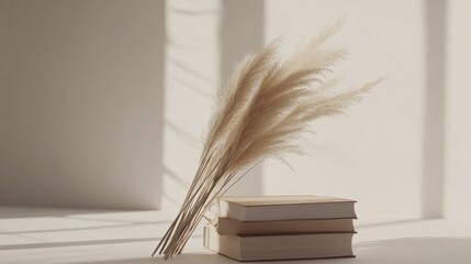 Poster - elegant arrangement of soft pampas grass beside stacked books in a serene, sunlit interior
