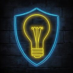 Wall Mural - A bright neon lightbulb, safeguarded by a shield, represents the protection of intellectual property and ideas