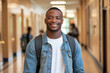 © Carmen - African-American male High School student with backpack, standing in school hallway