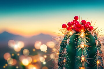 Poster - In the desert, a barrel cactus is festooned with red berries and Christmas lights, marking the Christmas celebration