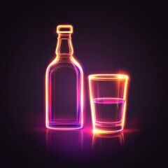 Wall Mural - A bright neon sign with a yellow and blue bottle and glass, illuminated on a dark background