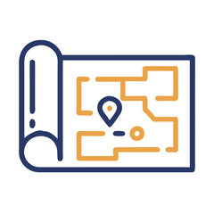 Poster - Creative vector icon depicting a rolled map with a location pin indicating a specific destination for navigation