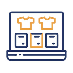 Poster - Product display featuring a vector icon of a laptop showcasing clothing items and boxes, ideal for online shopping visuals