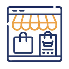 Poster - Vector icon of a shopping window featuring bags and a cart, representing retail and e-commerce activities in a contemporary style