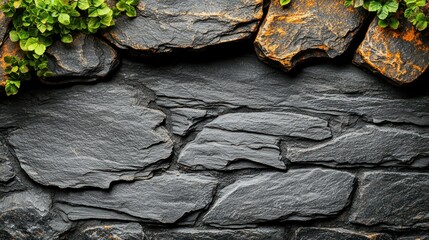 Poster - Dark stone wall background with plants, ideal for design